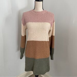 Chunky Knit Color Block Sweater Dress sz XS Mock Neck Preppy Fall Cozy Boho Chic